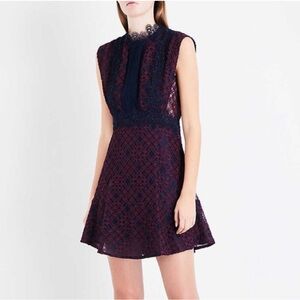 Sandro Paris Navy and Burgundy Sleeveless Lace Dress